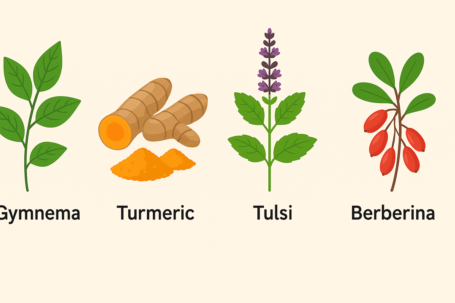 Ilustración plana de cuatro hierbas medicinales: Gymnema, Cúrcuma, Tulsi y Berberina.
