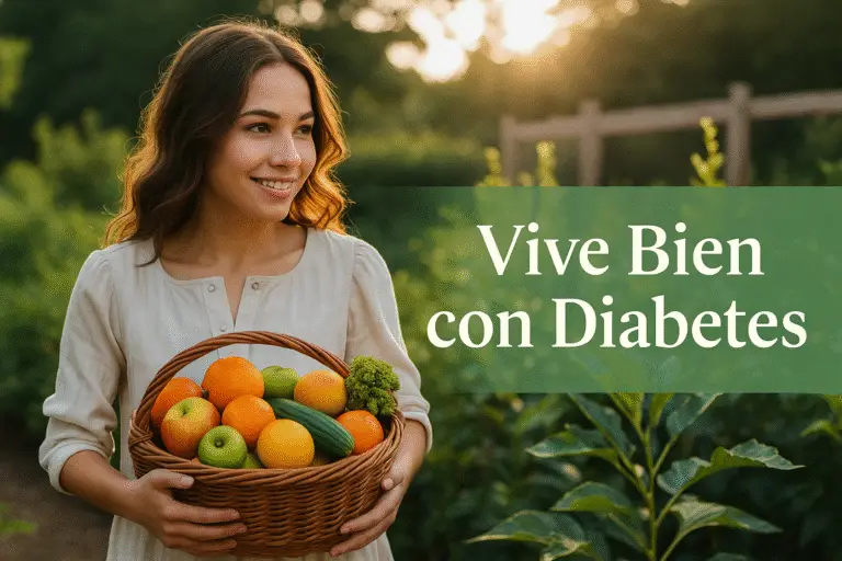 Niña sonriente con una canasta de frutas y verduras frescas bajo el sol, junto al texto "Vive Bien con Diabetes".
