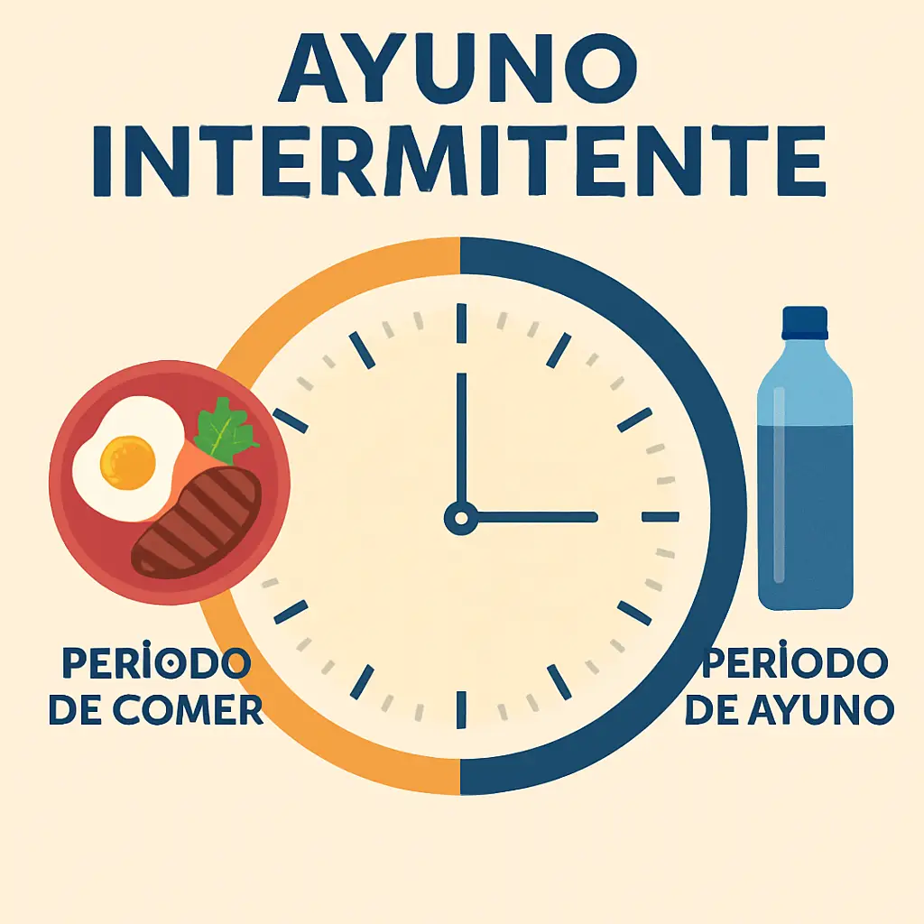 Reloj dividido que representa ayuno intermitente con íconos de comida y agua