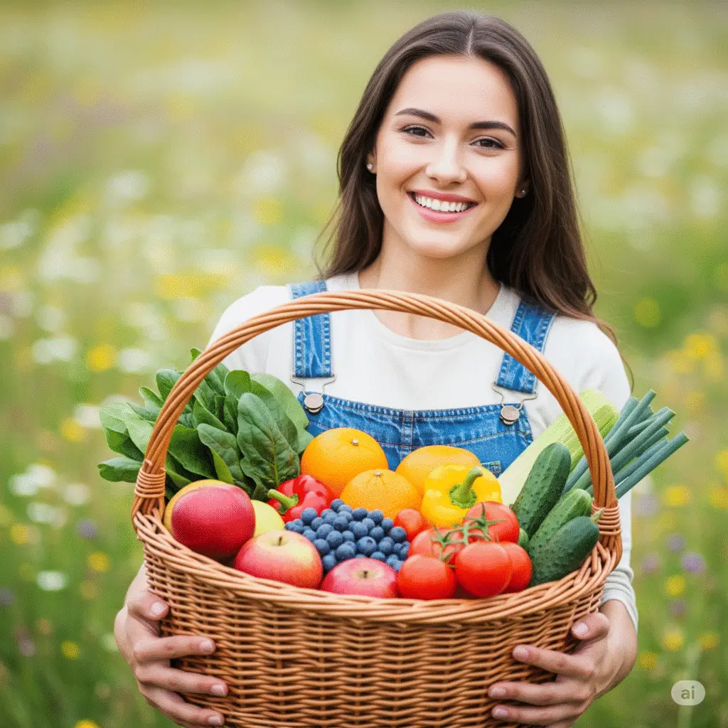 Contáctanos Mujer feliz con canasta de frutas y verduras frescas para una vida saludable con diabetes tipo 2