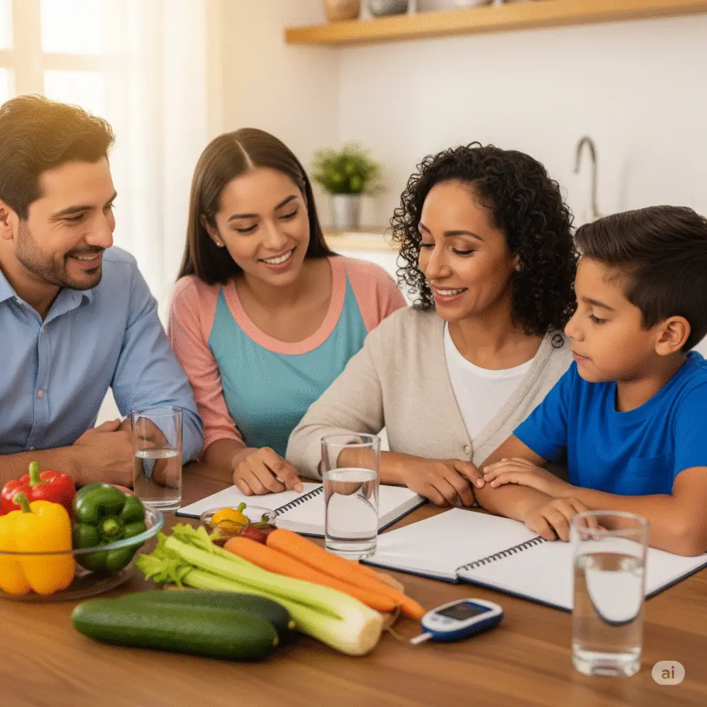 educación sobre diabetes tipo 2 en familia con alimentos saludables
