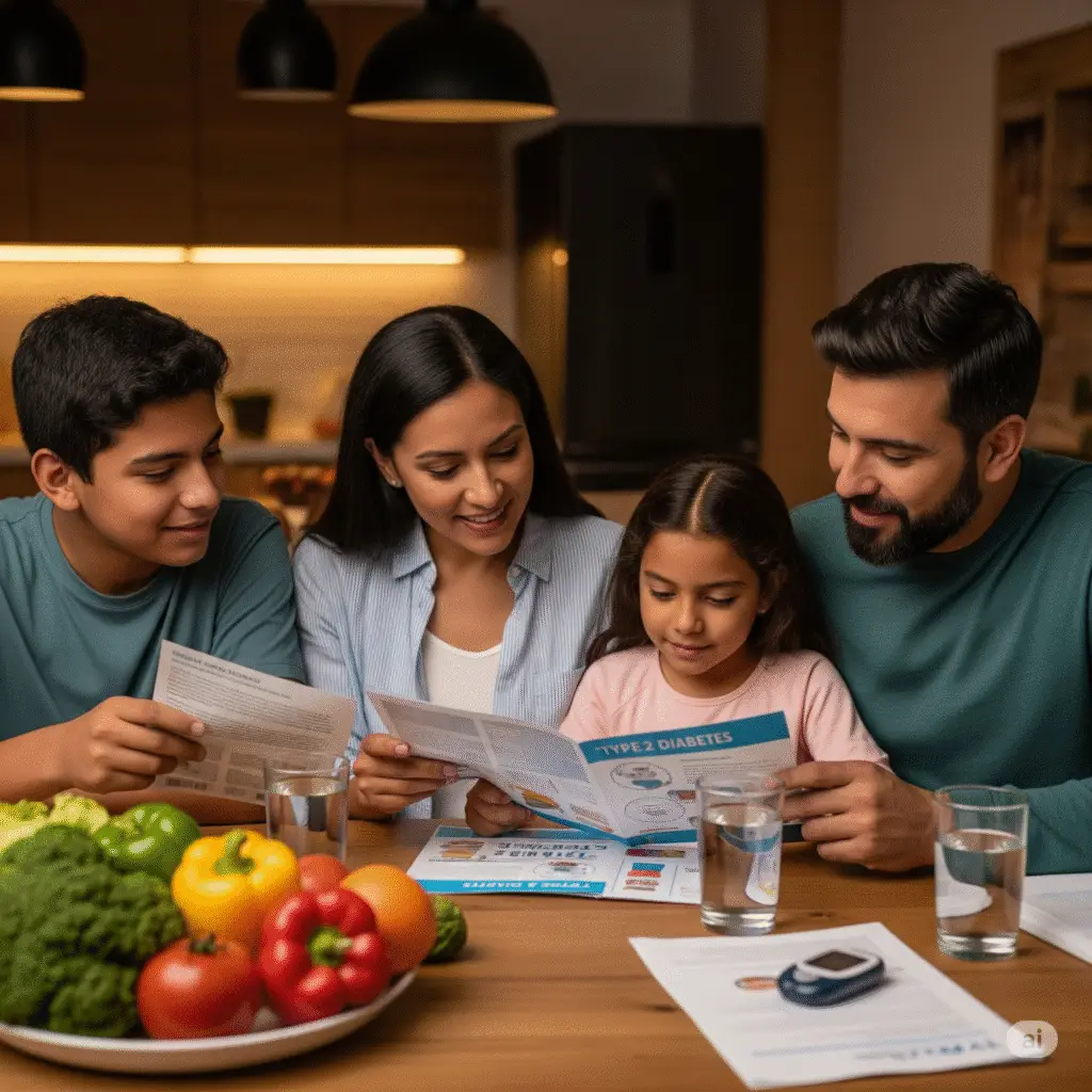 Aquí tienes una imagen educativa que muestra a una familia latina aprendiendo sobre la diabetes tipo 2: