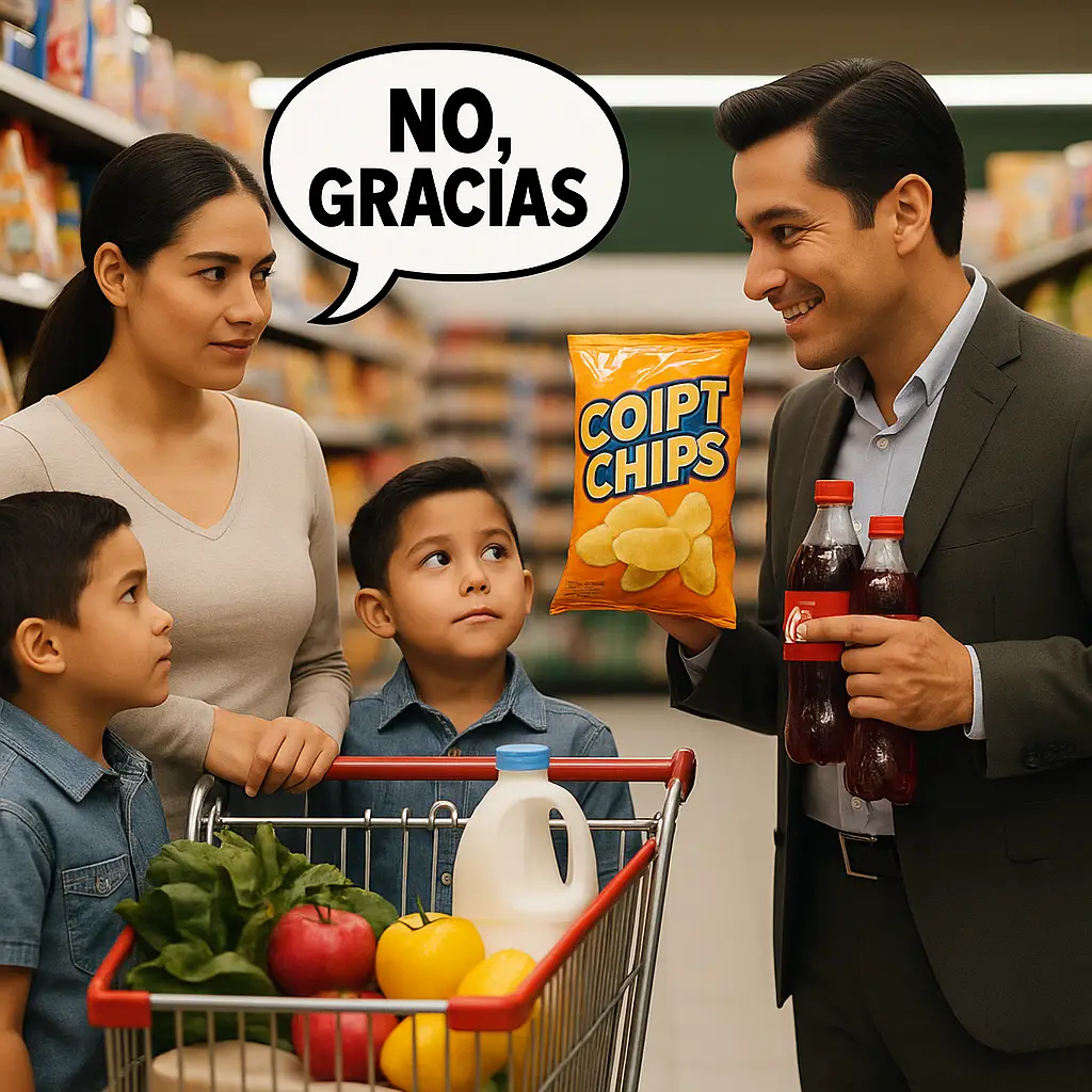 Rastreador de Votos – familia rechazando comida chatarra en el supermercado